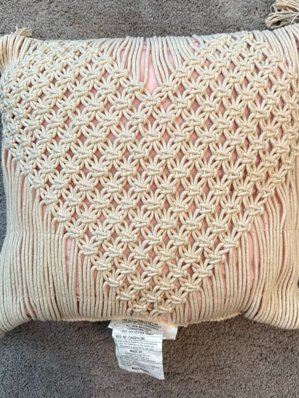 Cream heart macrame pillow with tassels